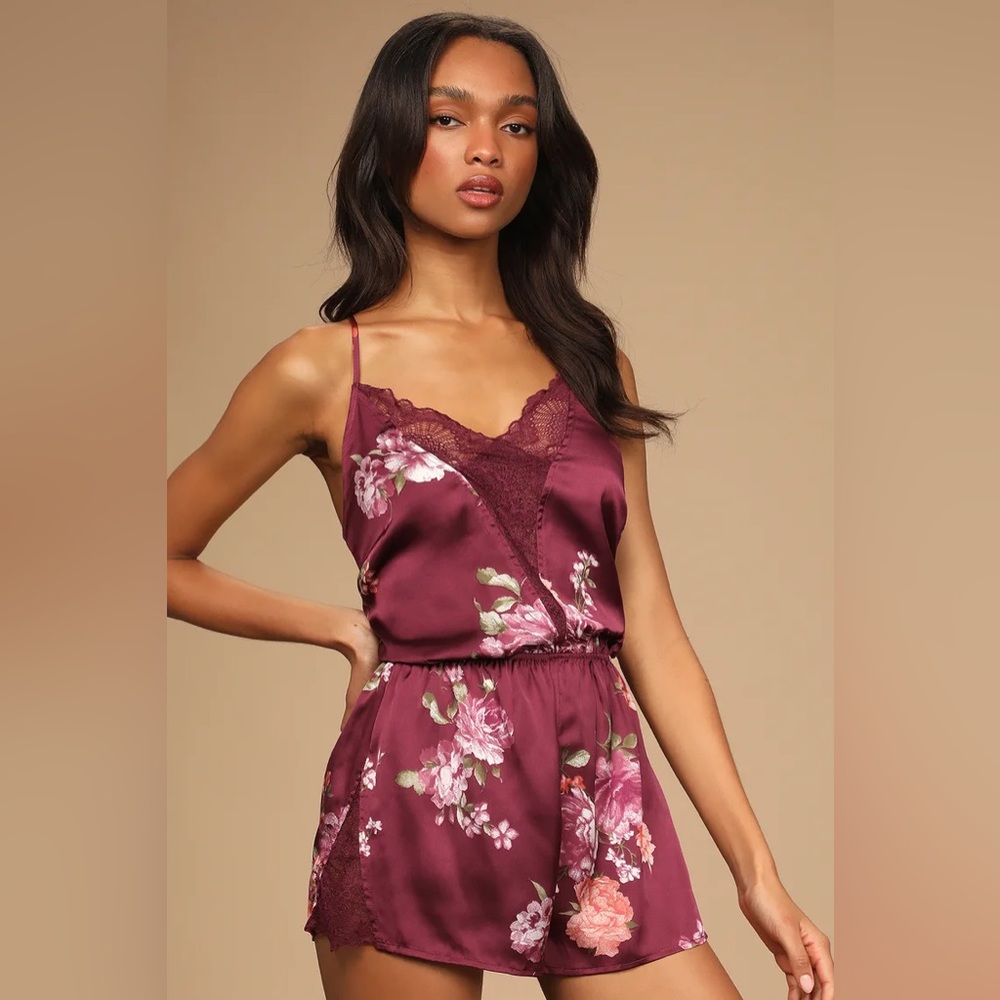 Lulu’s Lovely Dreams Plum Floral Print Satin Lace Lingerie Romper